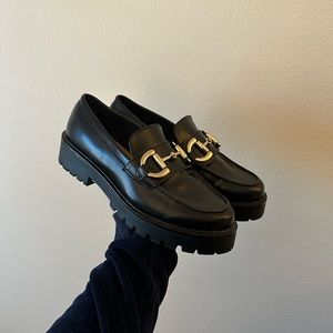 H&M Black Chunky Lug Sole Gold Embossed Slip On Loafers Size 40 - fit like 8